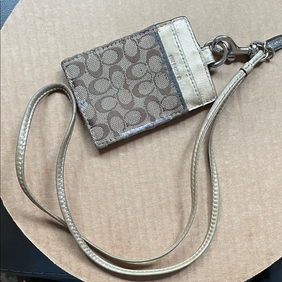 Coach Accessories - Coach Brown Signature Canvas Lanyard ID Holder with Metallic Trim